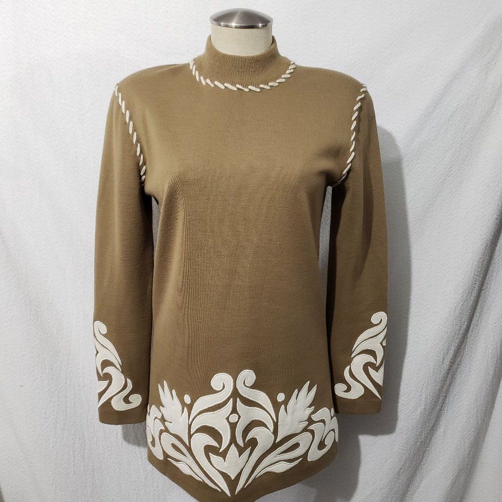 Outlander Tan Ivory wool Blend Embtoidered Sweater Pullover S